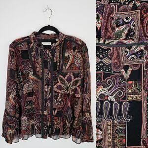 Coldwater Creek Women’s Sheer Boho Paisley Blouse PL Petite Large Whimsical Fall